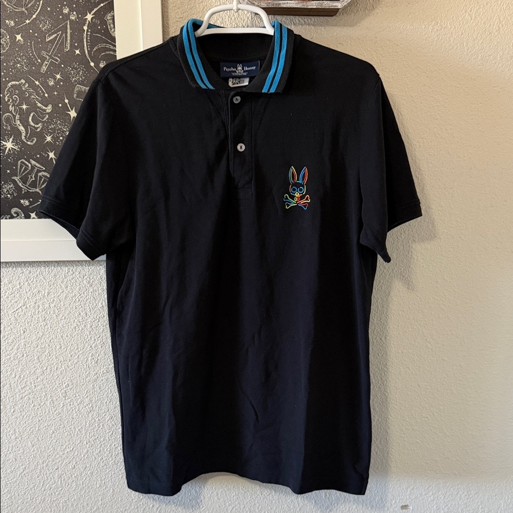 Psycho Bunny Black Polo with Blue Trim and Multicolor Logo